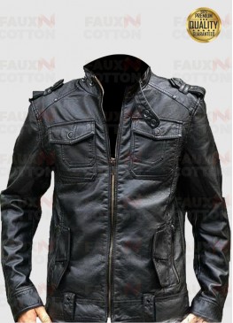 Mens Banded Collar Black Biker Leather Moto Jacket 